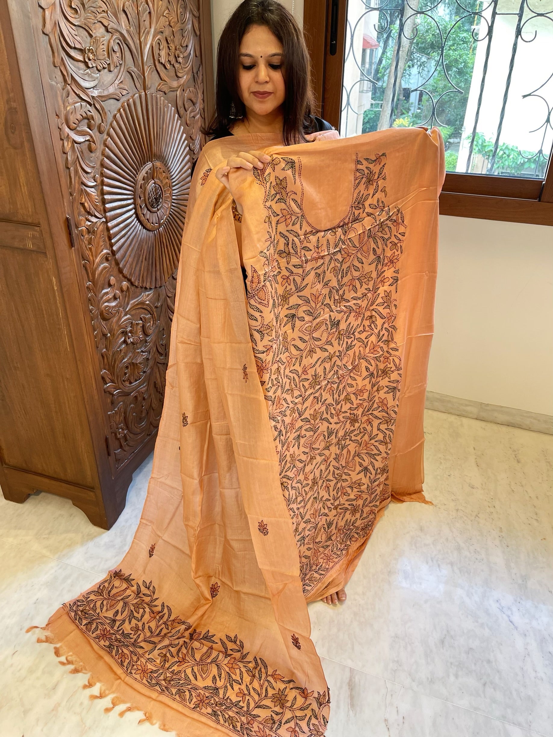Dark Peach Suit Set with Kantha Handwork in Pure Tussar Silk - Masakalee