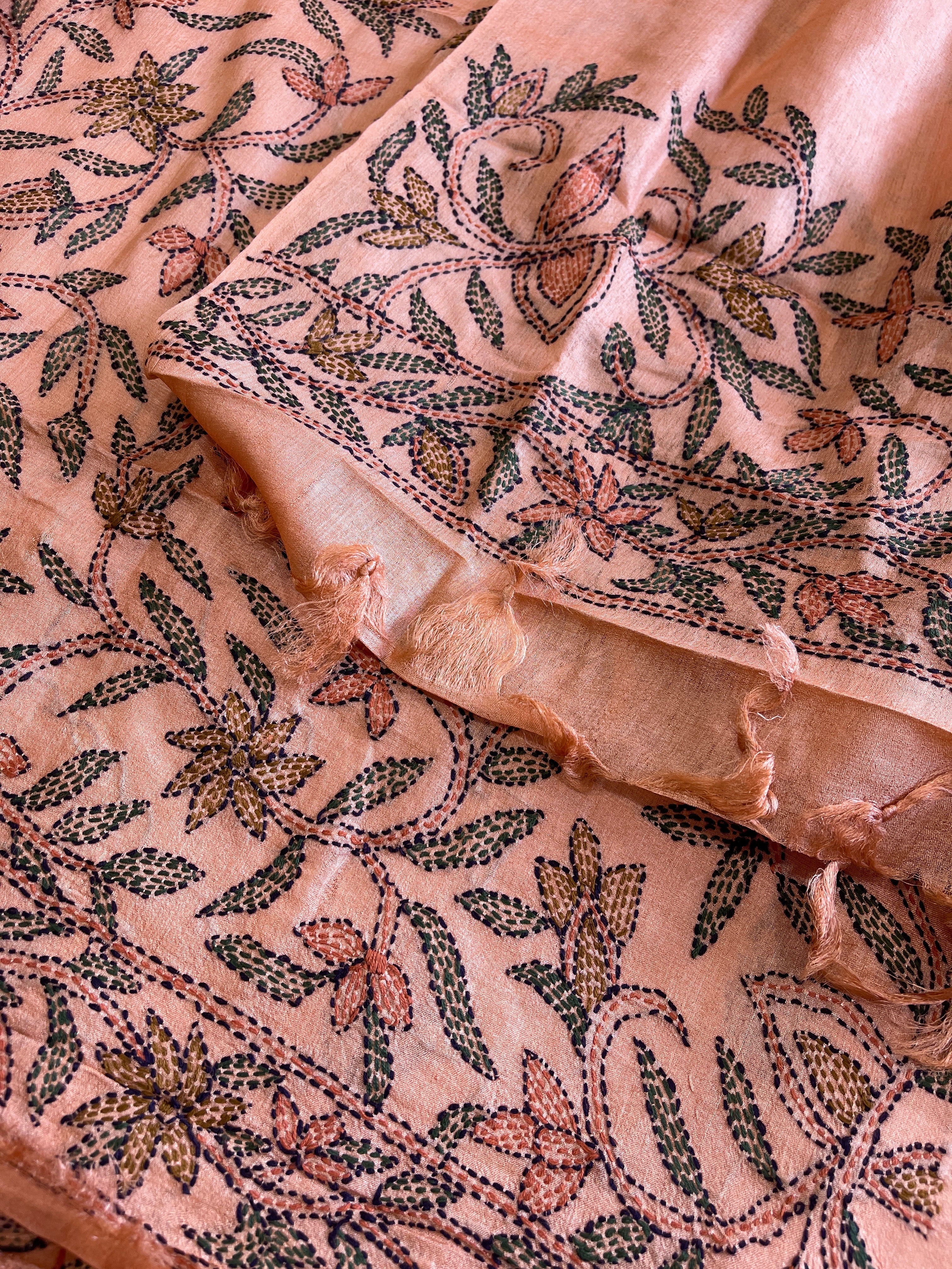 Dark Peach Suit Set with Kantha Handwork in Pure Tussar Silk - Masakalee