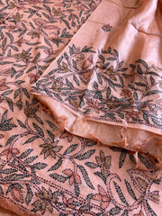 Dark Peach Suit Set with Kantha Handwork in Pure Tussar Silk - Masakalee