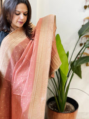 Dark Peach Woven Banarasi Dupatta in Tissue - Masakalee