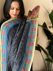 Deep Blue Rai Bandhej Dupatta with Handpainted Kalamkari Pallu in Pure Muga Silk - Masakalee