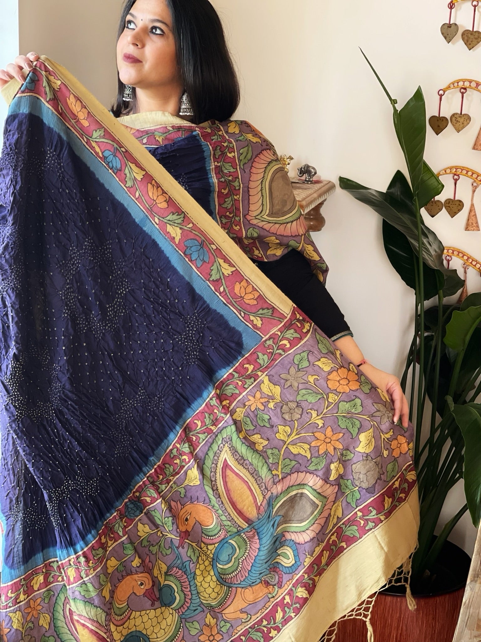 Deep Blue Rai Bandhej Dupatta with Handpainted Kalamkari Pallu in Pure Muga Silk - Masakalee