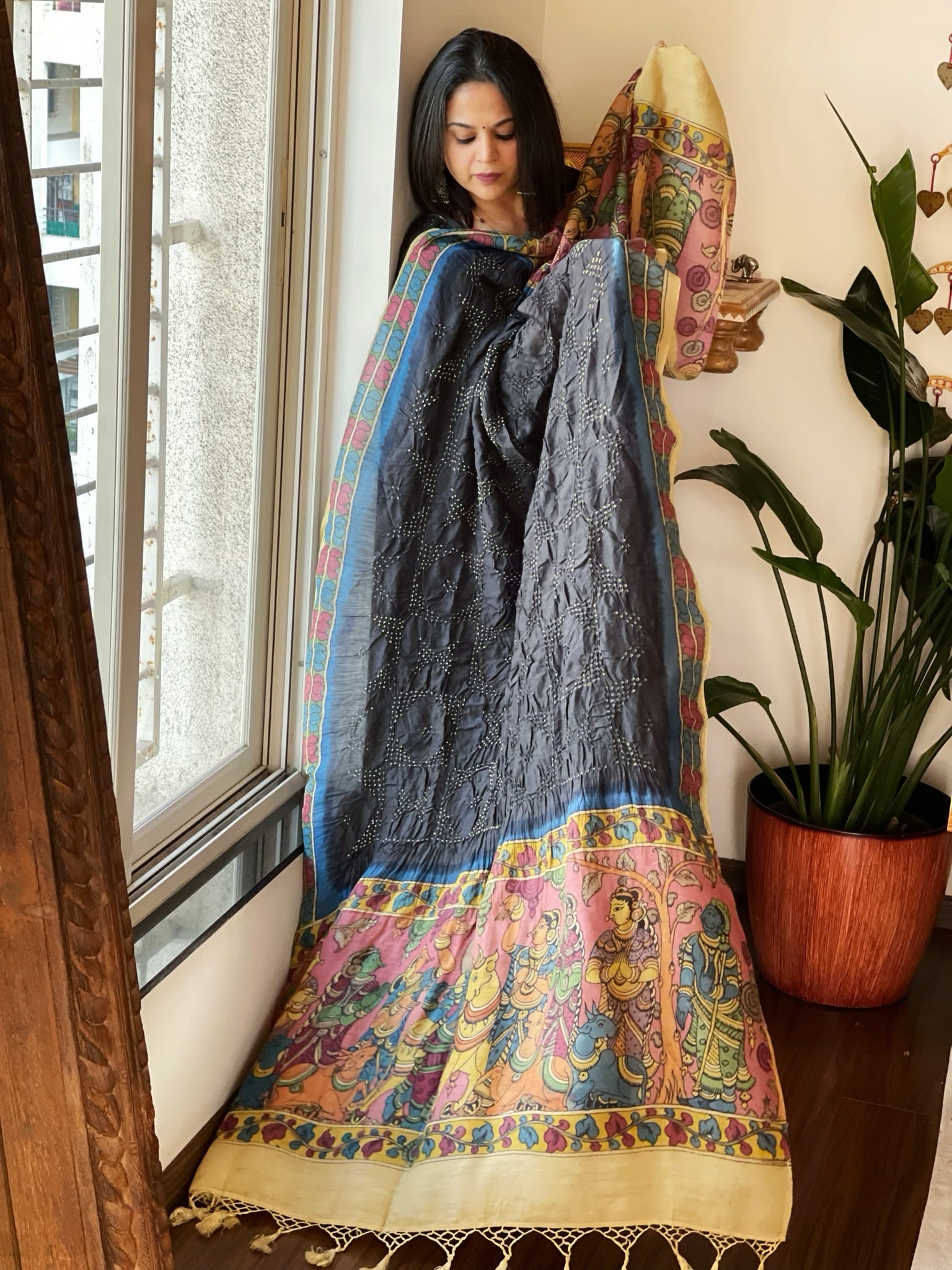 Deep Blue Rai Bandhej Dupatta with Handpainted Kalamkari Pallu in Pure Muga Silk - Masakalee