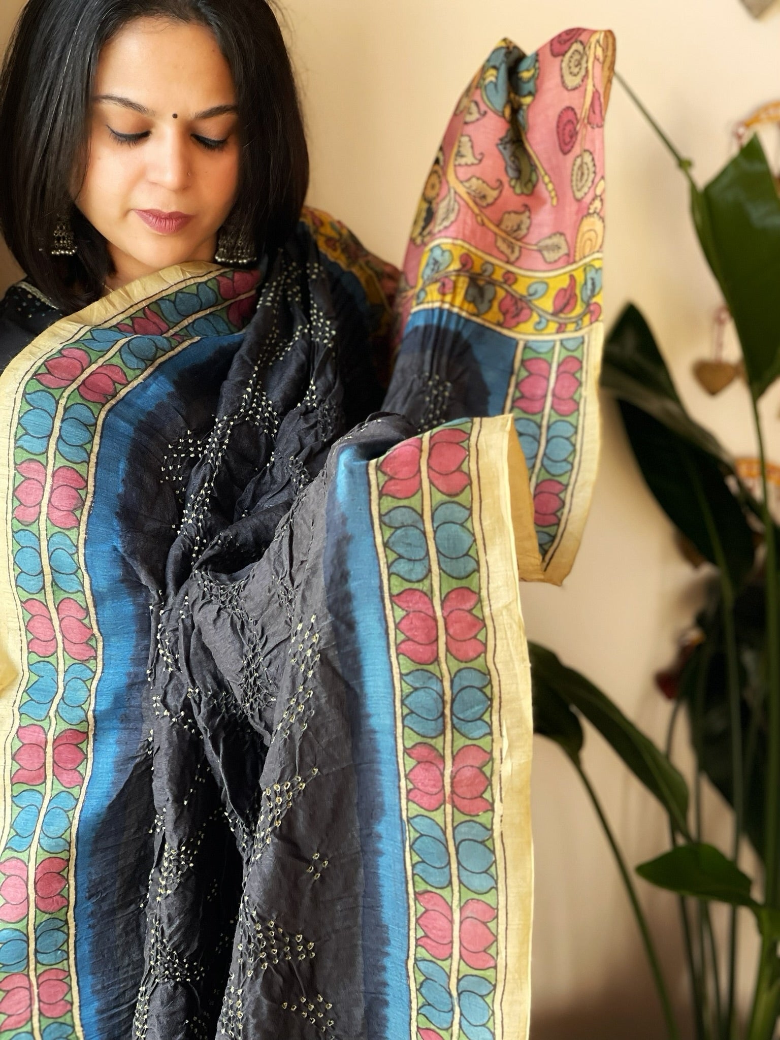 Deep Blue Rai Bandhej Dupatta with Handpainted Kalamkari Pallu in Pure Muga Silk - Masakalee