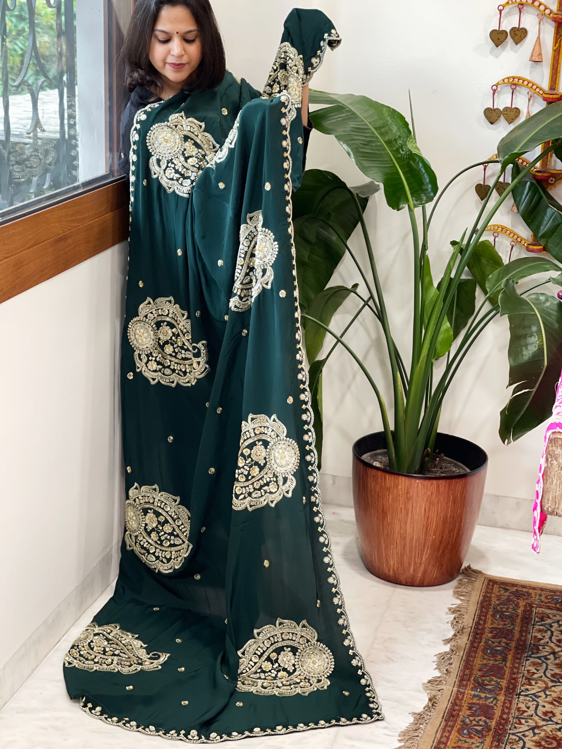 Deep Green Crepe Dupatta with Pearl, Cut Daana, Gold Thread & Sequin Embroidery - Masakalee