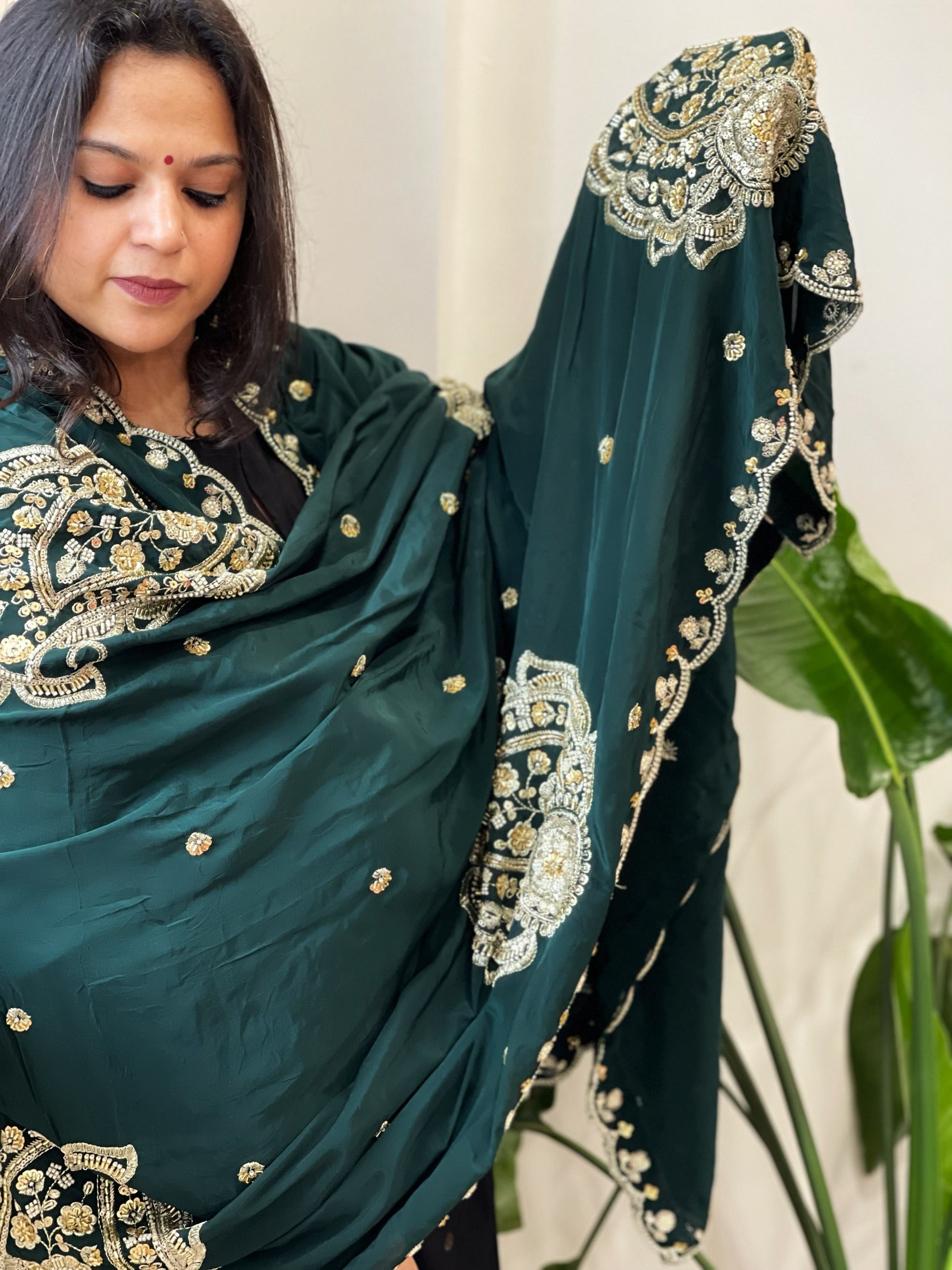 Deep Green Crepe Dupatta with Pearl, Cut Daana, Gold Thread & Sequin Embroidery - Masakalee