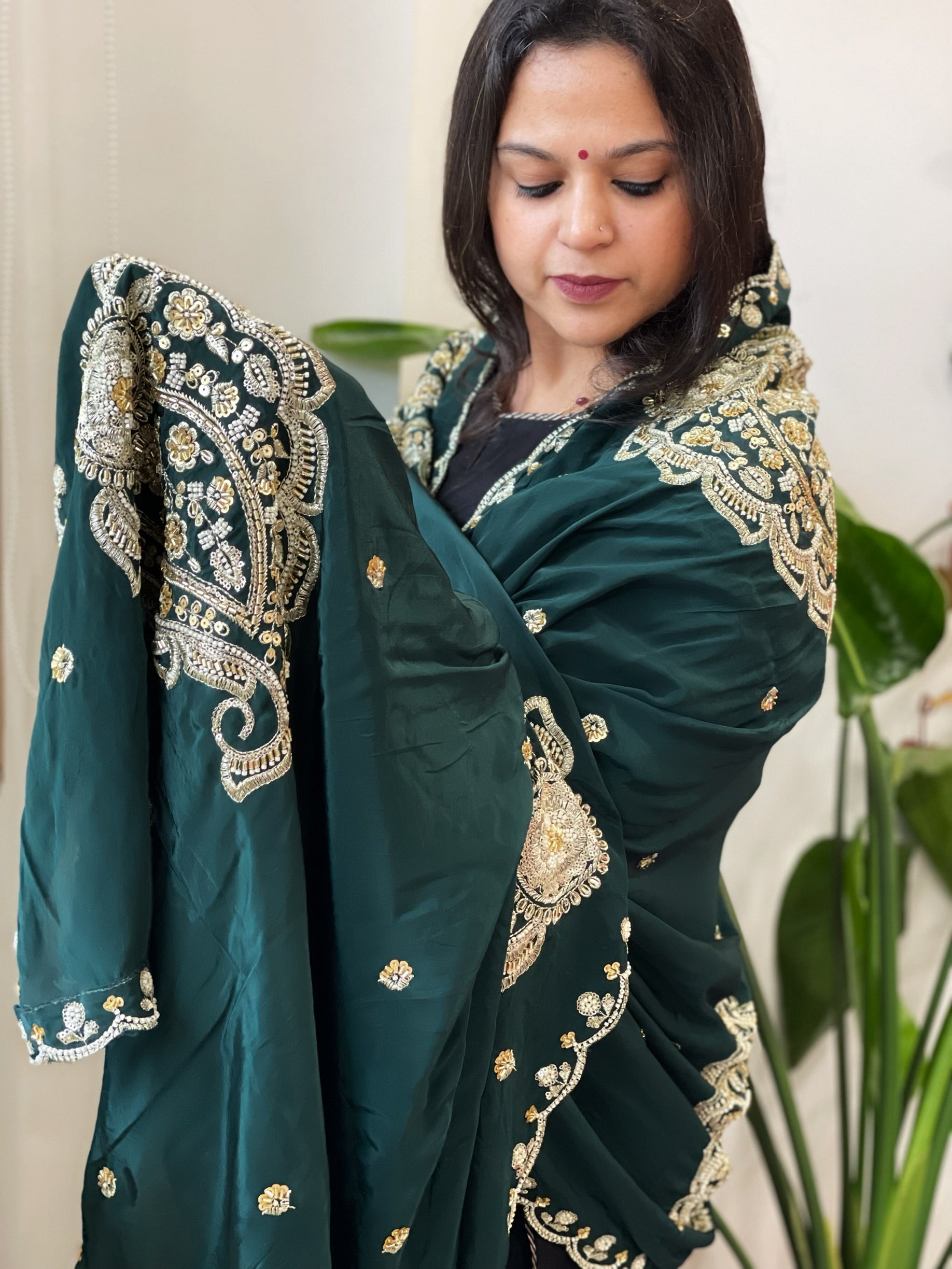 Deep Green Crepe Dupatta with Pearl, Cut Daana, Gold Thread & Sequin Embroidery - Masakalee