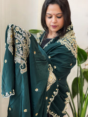 Deep Green Crepe Dupatta with Pearl, Cut Daana, Gold Thread & Sequin Embroidery - Masakalee