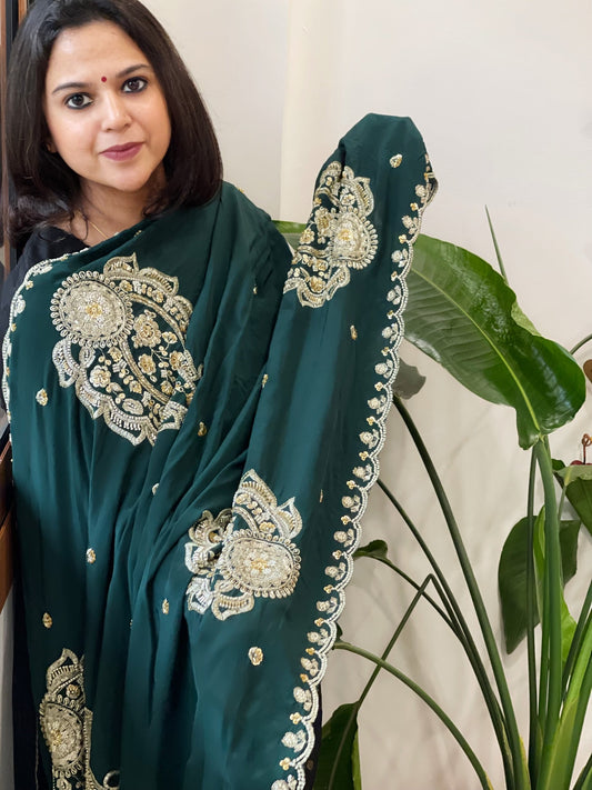 Deep Green Crepe Dupatta with Pearl, Cut Daana, Gold Thread & Sequin Embroidery - Masakalee