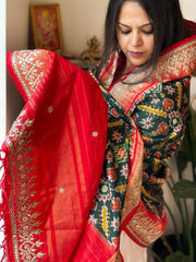 Deep Green Handwoven Ikat Patola with Gotapatti & Pearl Handwork dupatta in Pure Silk - Masakalee