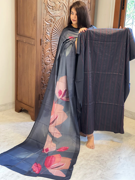 Deep Navy Suit Set with Kantha Stitch Work on Glazed Cotton - Masakalee