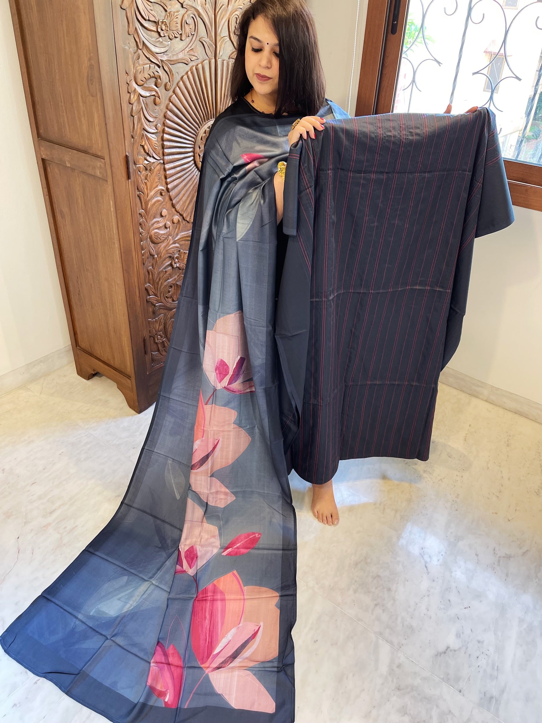 Deep Navy Suit Set with Kantha Stitch Work on Glazed Cotton - Masakalee