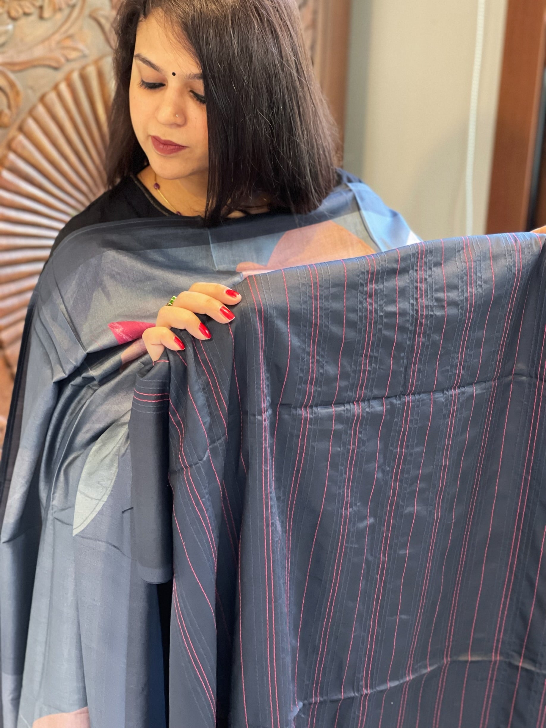 Deep Navy Suit Set with Kantha Stitch Work on Glazed Cotton - Masakalee