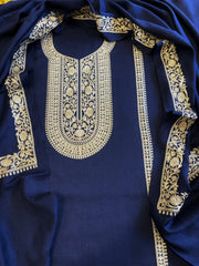 Deep Navy Winter Suit Set with Aari Work in Pashmina Wool - Masakalee