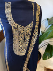 Deep Navy Winter Suit Set with Aari Work in Pashmina Wool - Masakalee