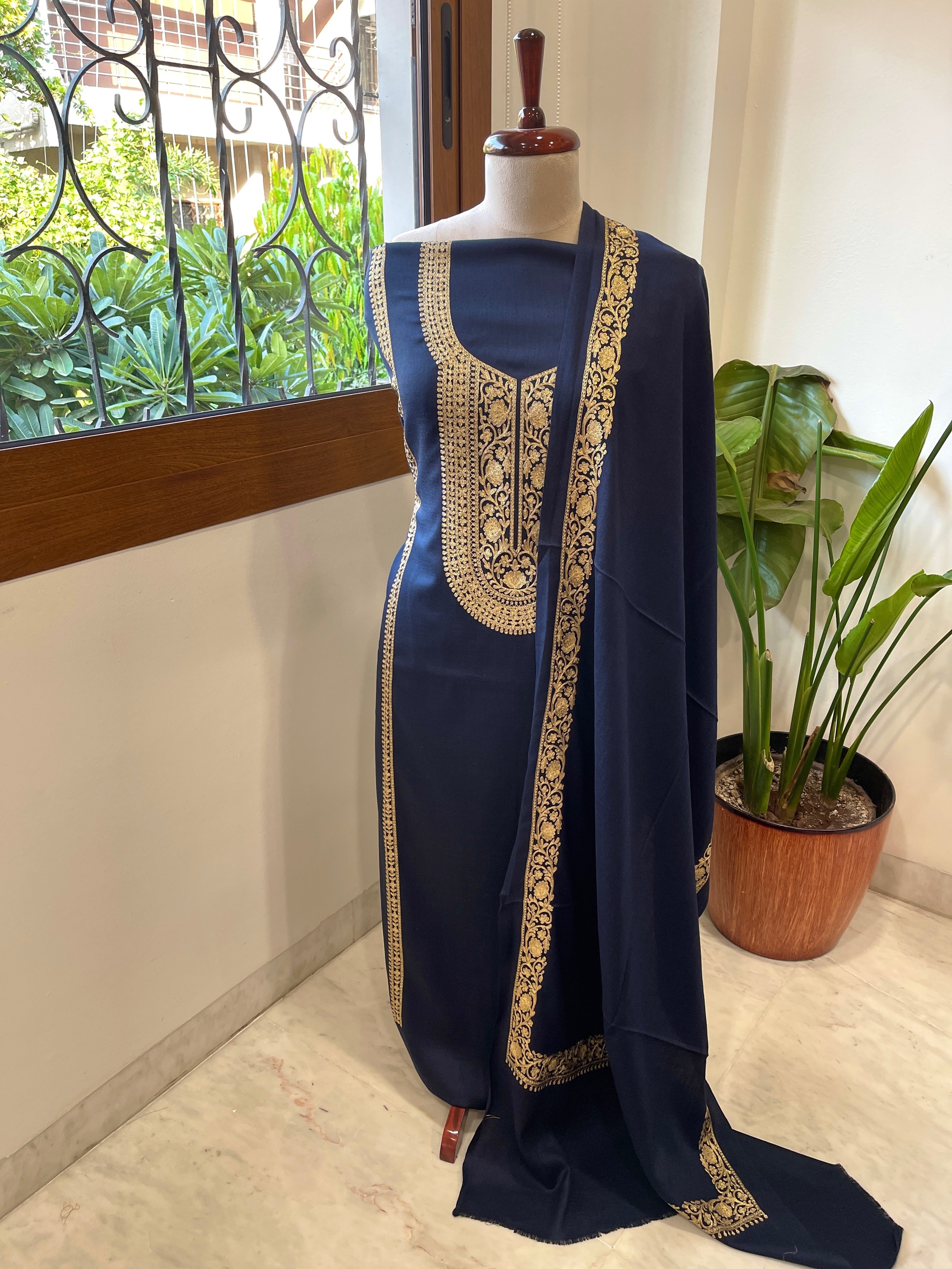 Deep Navy Winter Suit Set with Aari Work in Pashmina Wool - Masakalee