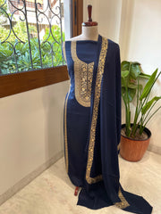 Deep Navy Winter Suit Set with Aari Work in Pashmina Wool - Masakalee