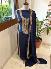 Deep Navy Winter Suit Set with Aari Work in Pashmina Wool - Masakalee