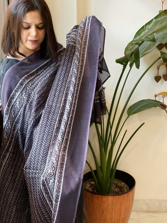 Deep Purplish Blue Kota Cotton Handblock Printed Dupatta - Masakalee
