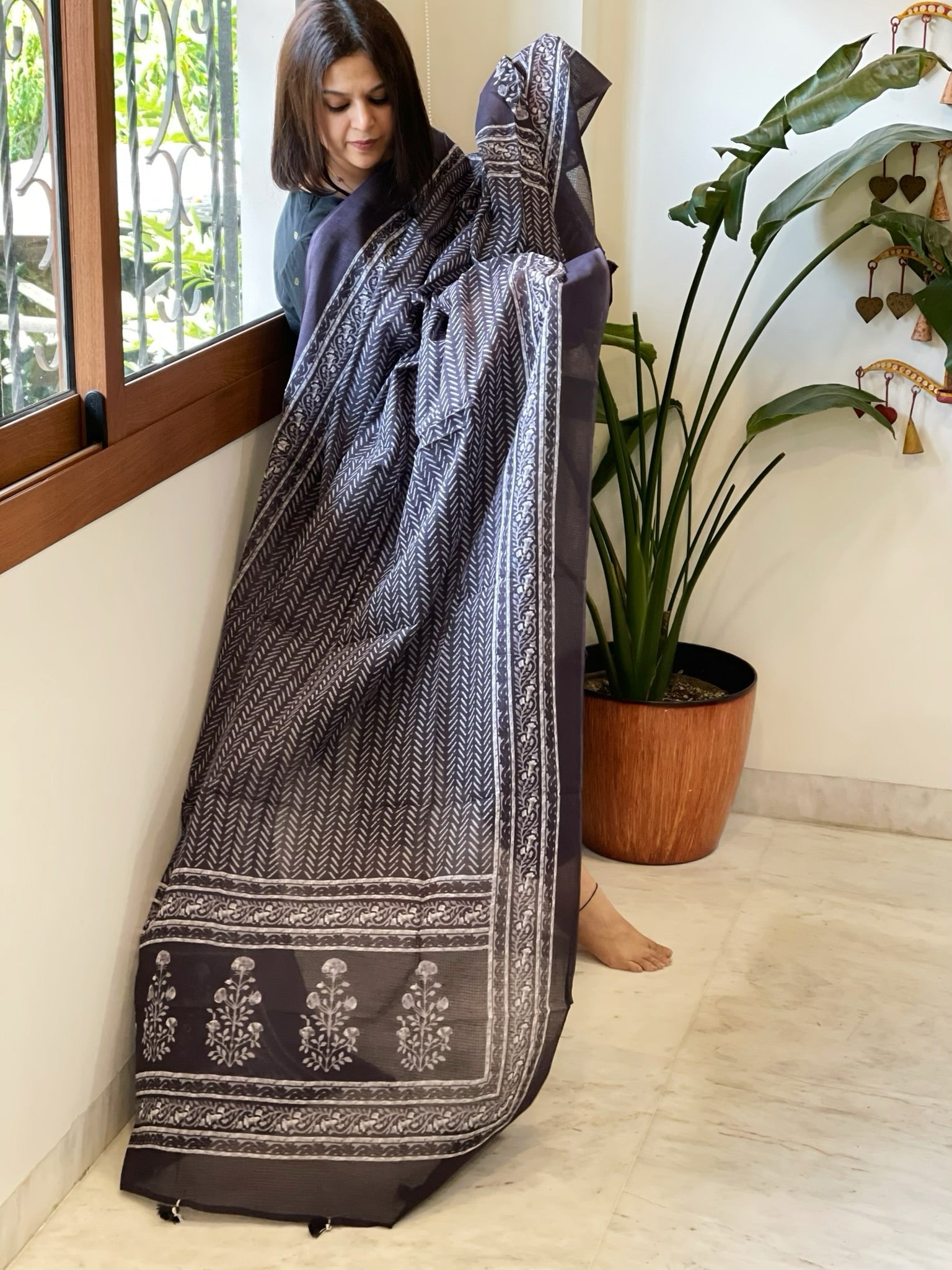Deep Purplish Blue Kota Cotton Handblock Printed Dupatta - Masakalee