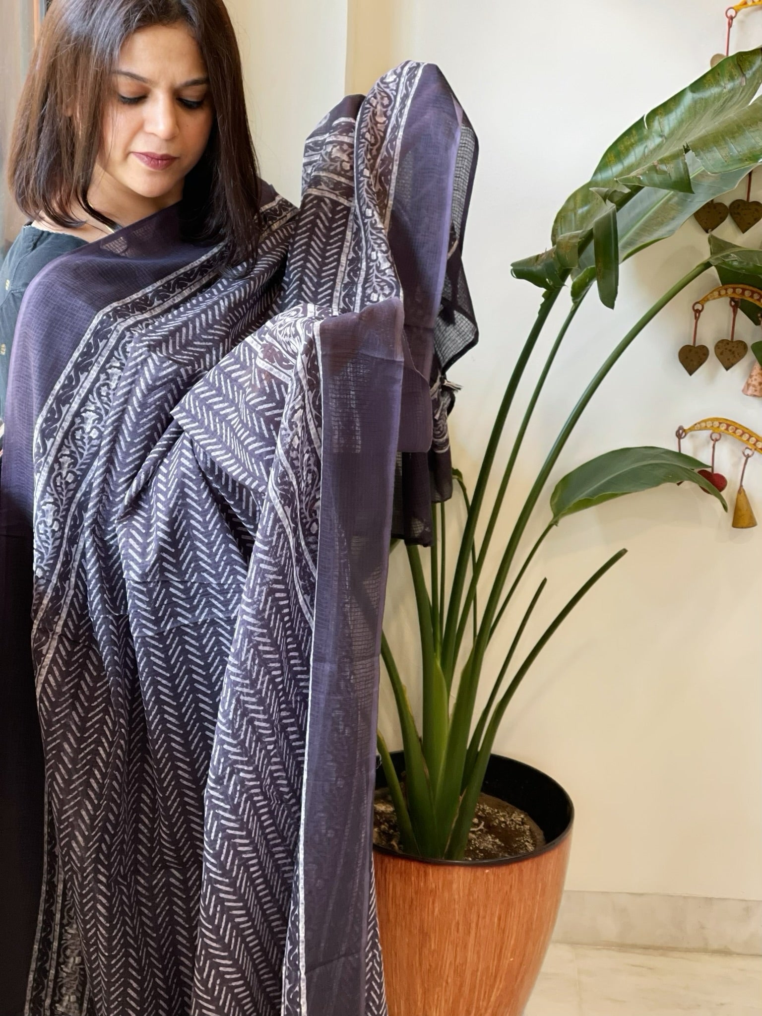 Deep Purplish Blue Kota Cotton Handblock Printed Dupatta - Masakalee