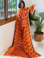 Deep Red Designer Phulkari Dupatta in Khaddar Cotton - Masakalee