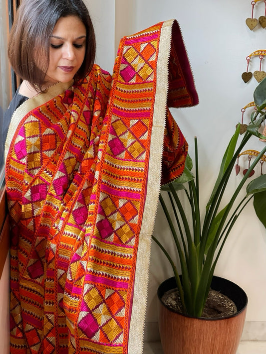 Deep Red Designer Phulkari Dupatta in Khaddar Cotton - Masakalee