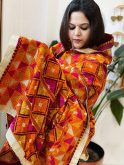 Deep Red Designer Phulkari Dupatta in Khaddar Cotton - Masakalee