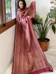 Deep Red Handmade Kantha Dupatta in Silk - Masakalee