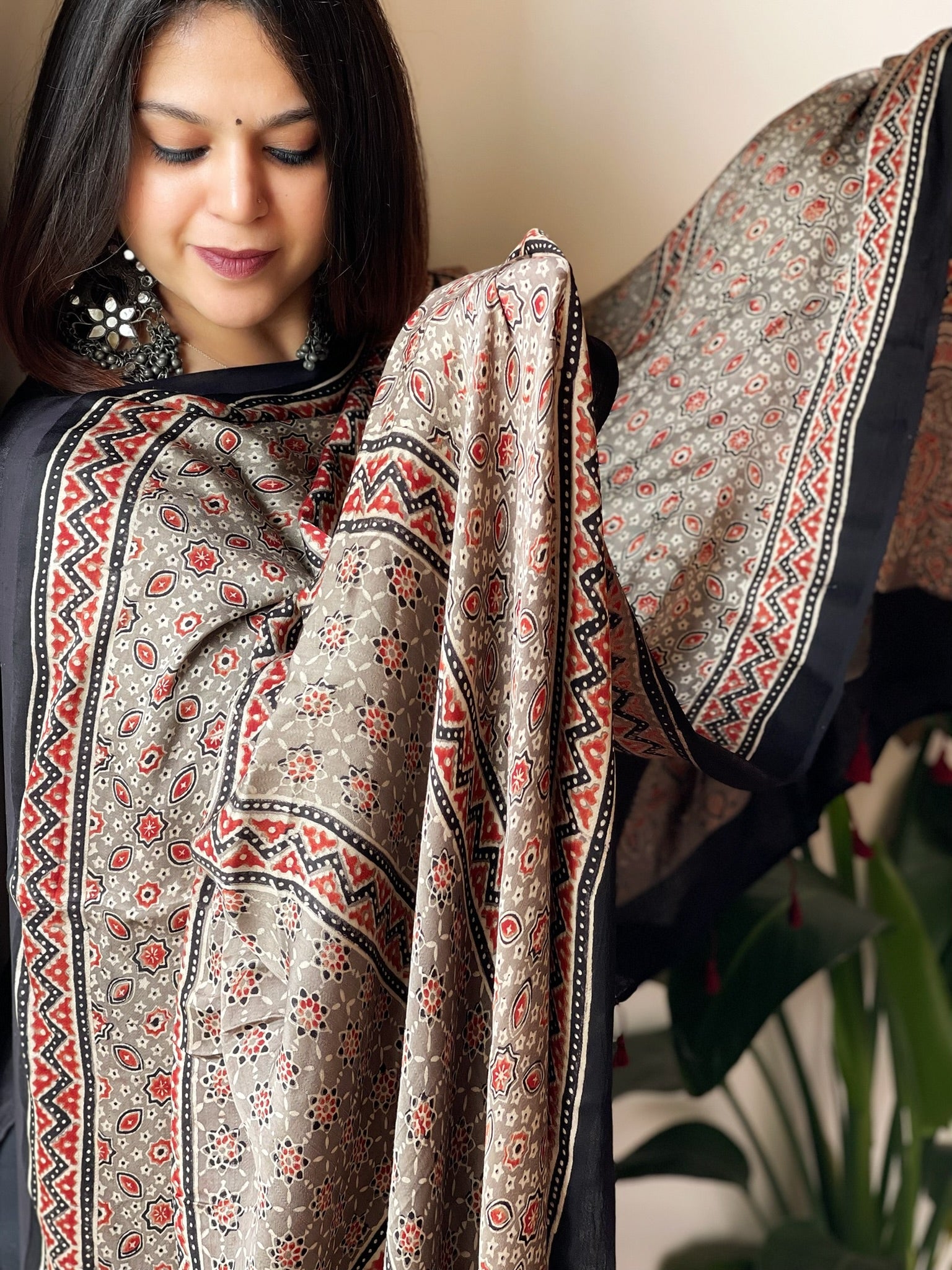 Designer Handblock Ajrakh Dupatta on Silk - Masakalee