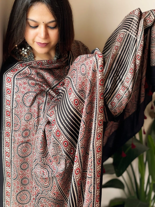 Designer Handblock Ajrakh Dupatta on Silk - Masakalee