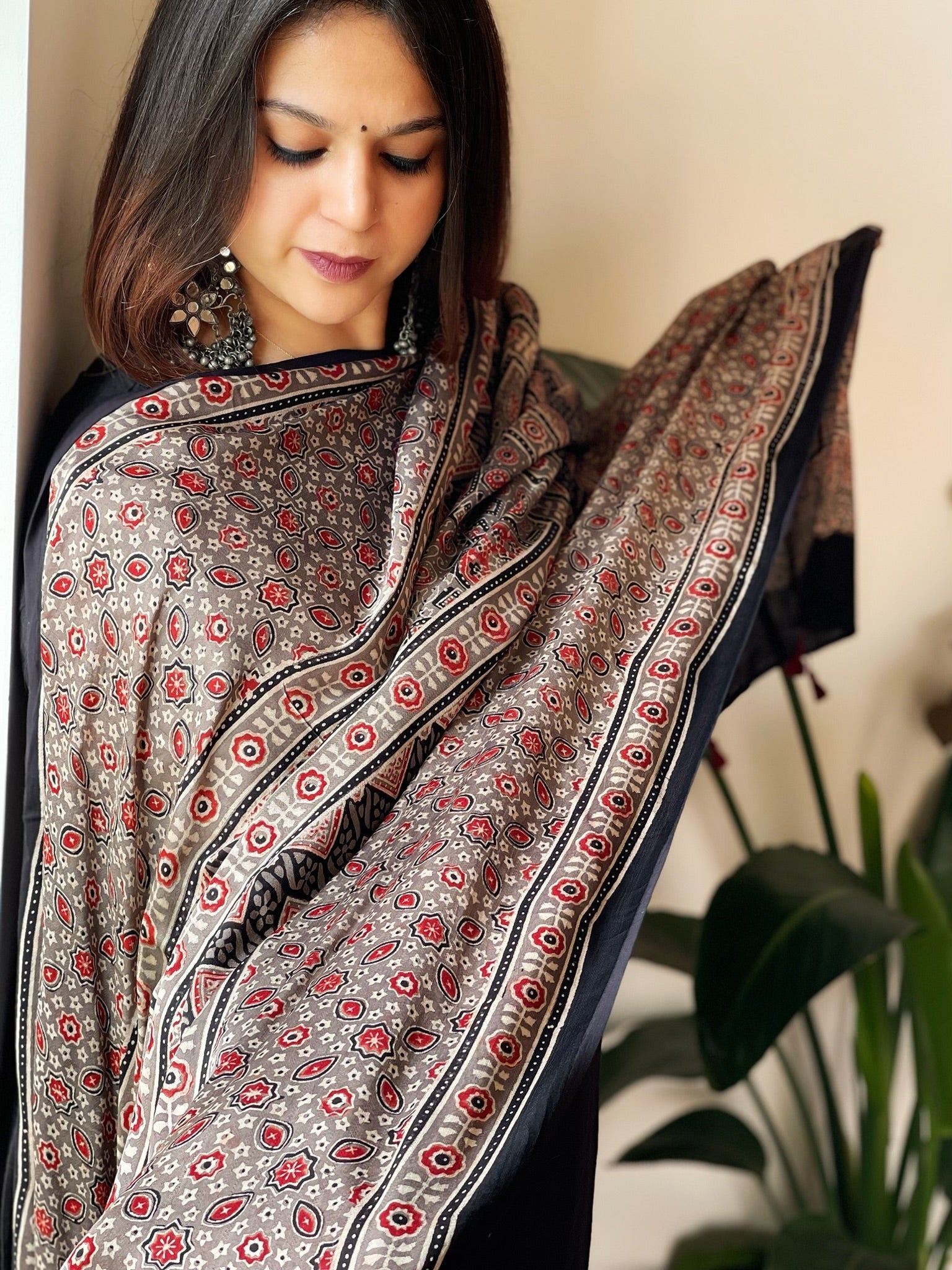 Designer Handblock Ajrakh Dupatta on Silk - Masakalee