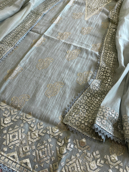 Dull Green Gota Applique Suit Set in Pure Mul Chanderi - Masakalee