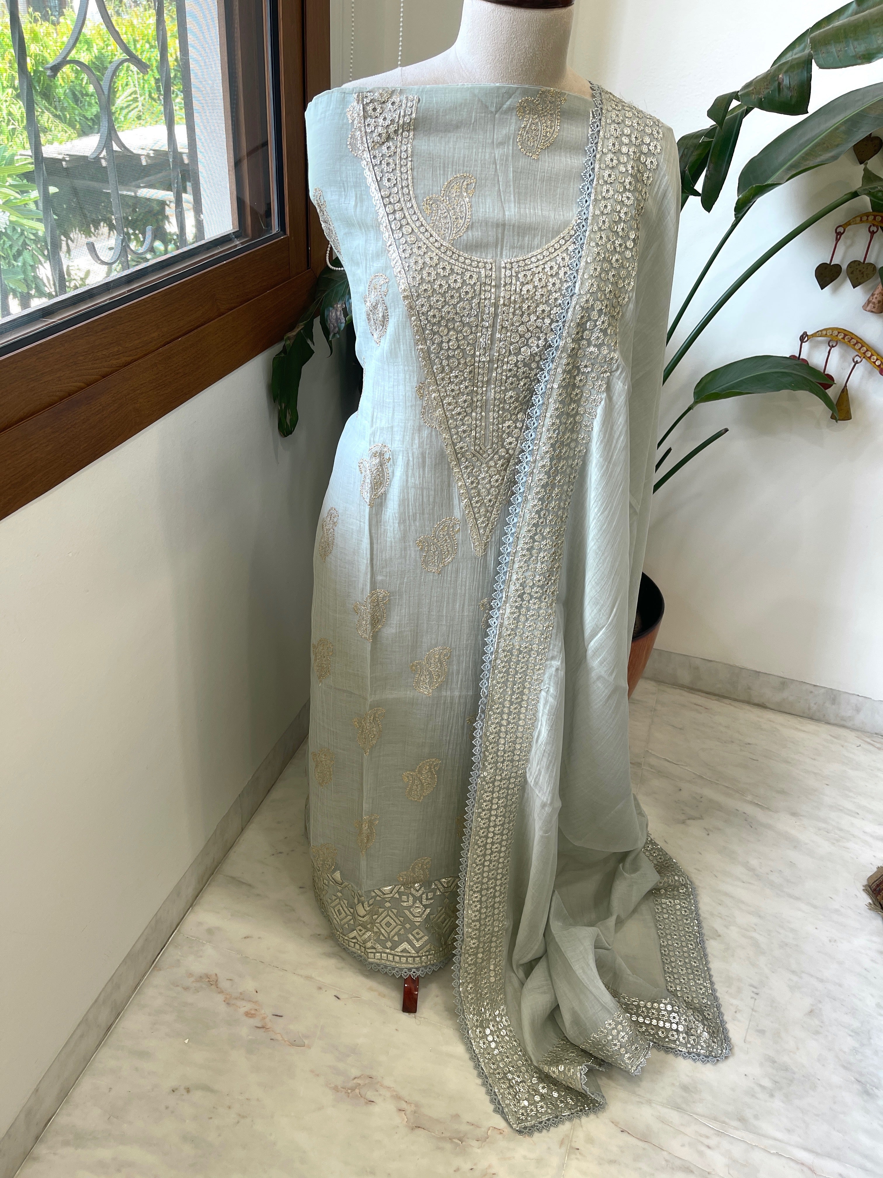 Dull Green Gota Applique Suit Set in Pure Mul Chanderi - Masakalee