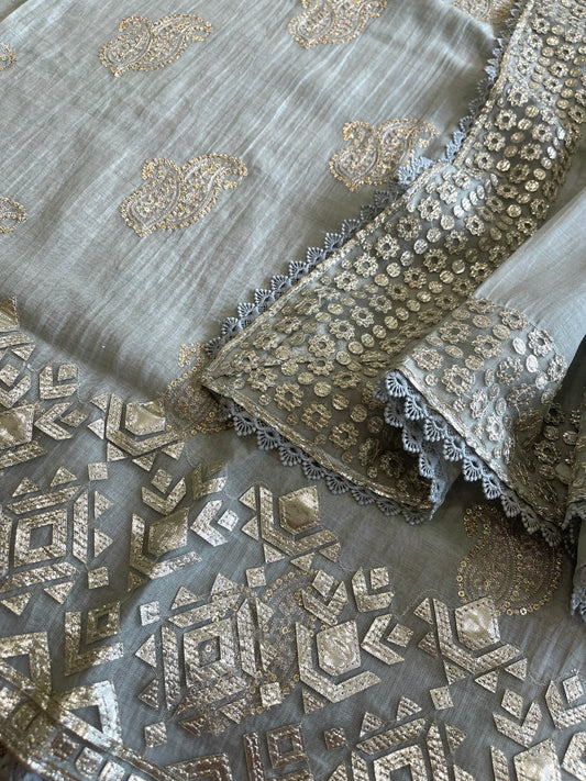 Dull Green Gota Applique Suit Set in Pure Mul Chanderi - Masakalee