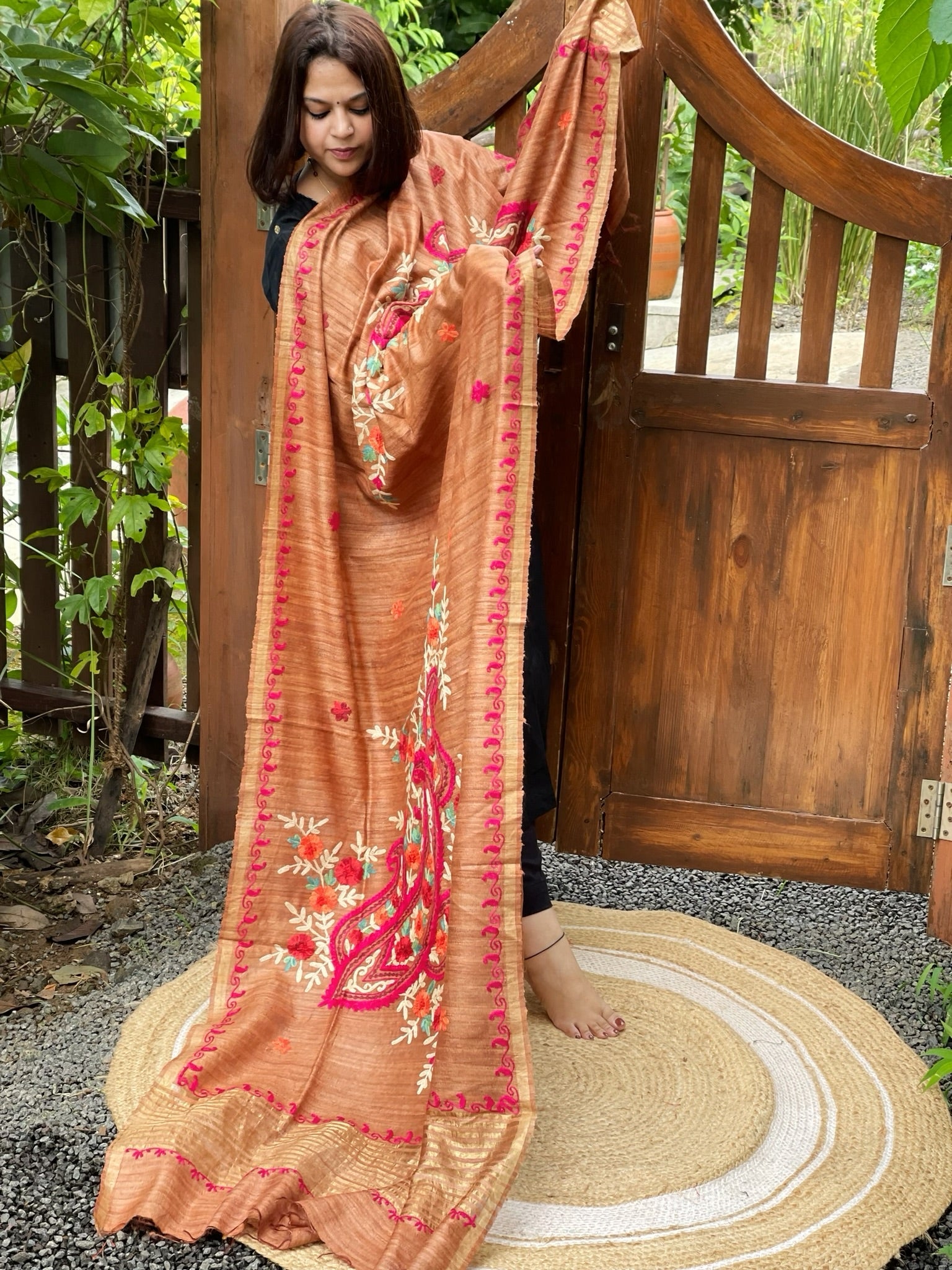 Dull Orange Kashmiri Aari Embroidered Dupatta in Geecha Silk - Masakalee
