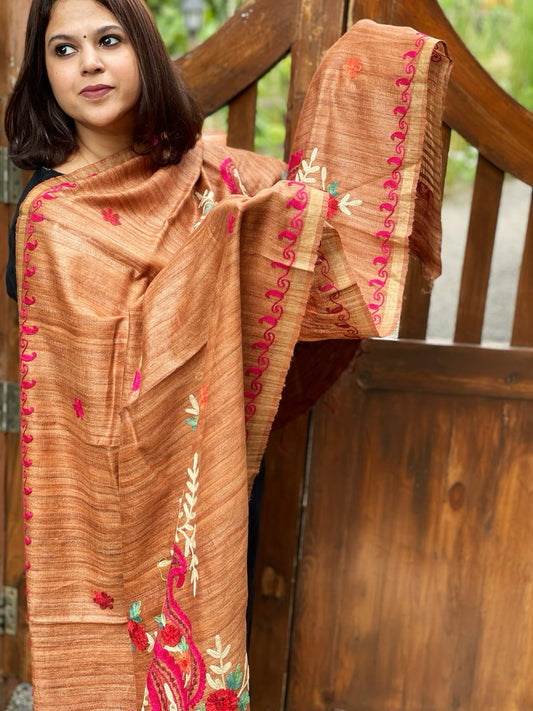 Dull Orange Kashmiri Aari Embroidered Dupatta in Geecha Silk - Masakalee