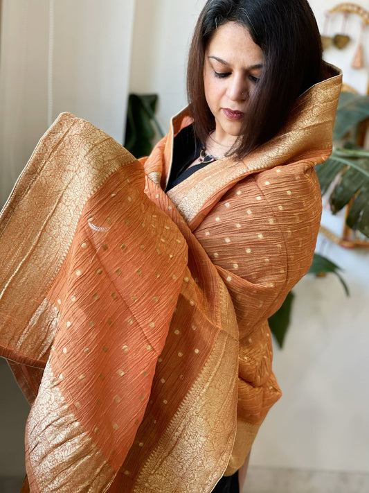 Dull Orange Woven Banarasi Dupatta in Tissue - Masakalee