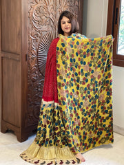 Dupatta Set (Kurta+Dupatta) with Handpainted Kalamkari and Handmade Bandhani in Pure Gajji Silk - Masakalee