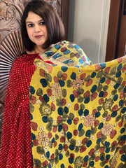Dupatta Set (Kurta+Dupatta) with Handpainted Kalamkari and Handmade Bandhani in Pure Gajji Silk - Masakalee
