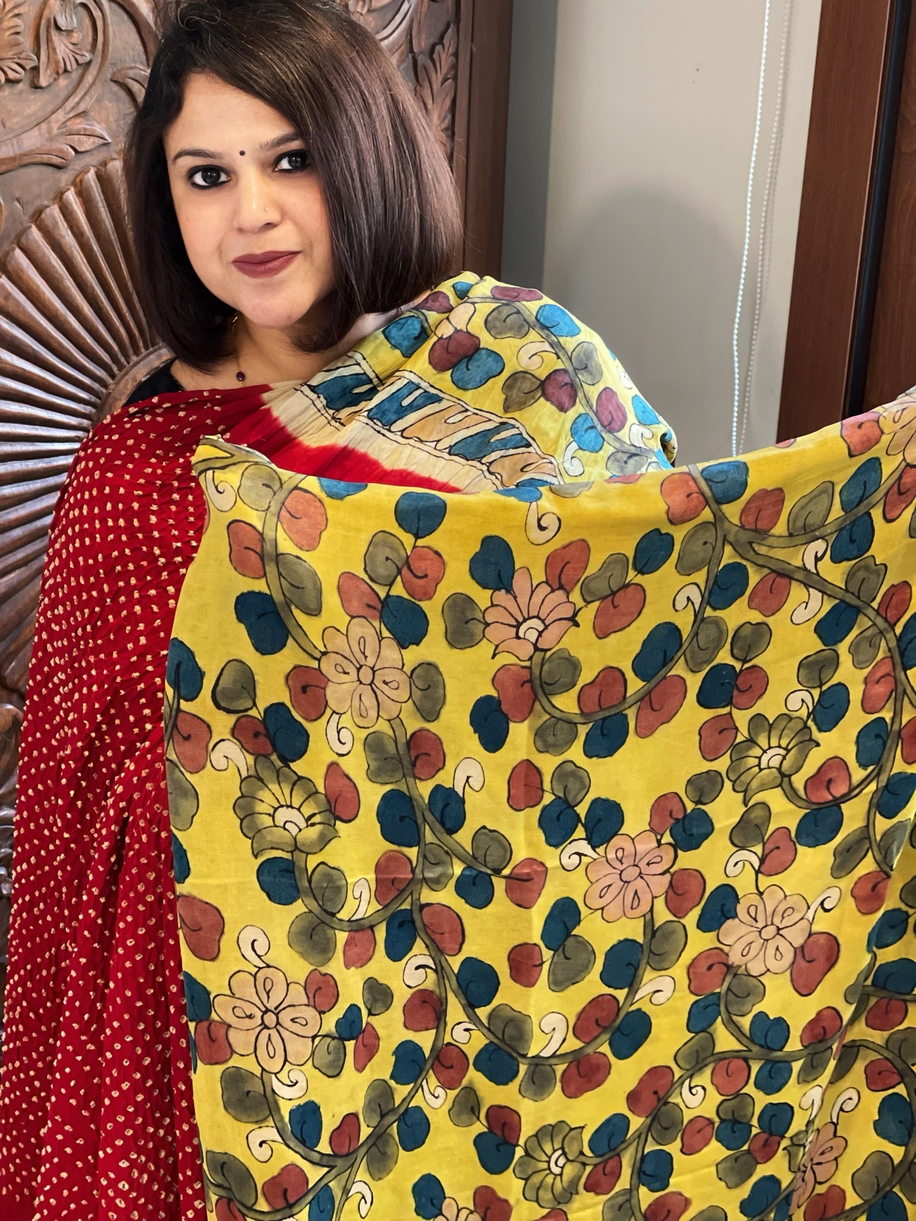 Dupatta Set (Kurta+Dupatta) with Handpainted Kalamkari and Handmade Bandhani in Pure Gajji Silk - Masakalee