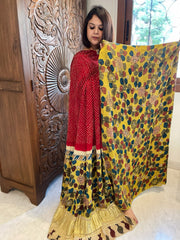 Dupatta Set (Kurta+Dupatta) with Handpainted Kalamkari and Handmade Bandhani in Pure Gajji Silk - Masakalee