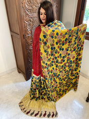 Dupatta Set (Kurta+Dupatta) with Handpainted Kalamkari and Handmade Bandhani in Pure Gajji Silk - Masakalee