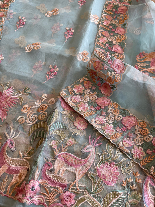 Dupatta Set (Kurta+Dupatta) with Thread Embroidery in Pure Organza - Masakalee