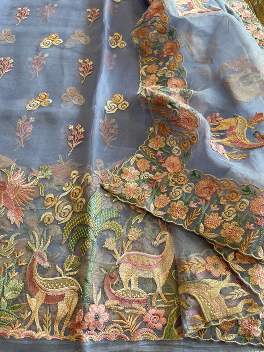 Dupatta Set (Kurta+Dupatta) with Thread Embroidery in Pure Organza - Masakalee