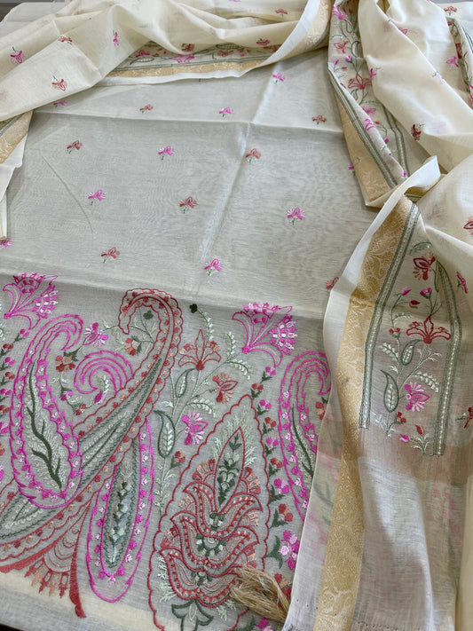 Dupatta Set with Thread Embroidery in Chanderi cotton - Masakalee