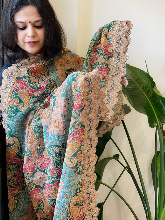 Dusty Blue Chinon Dupatta with Gold Thread & Aari Embroidery - Masakalee