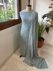 Dusty Blue Suit Set with Pearl and Thread Embroidery in Mul Chanderi - Masakalee