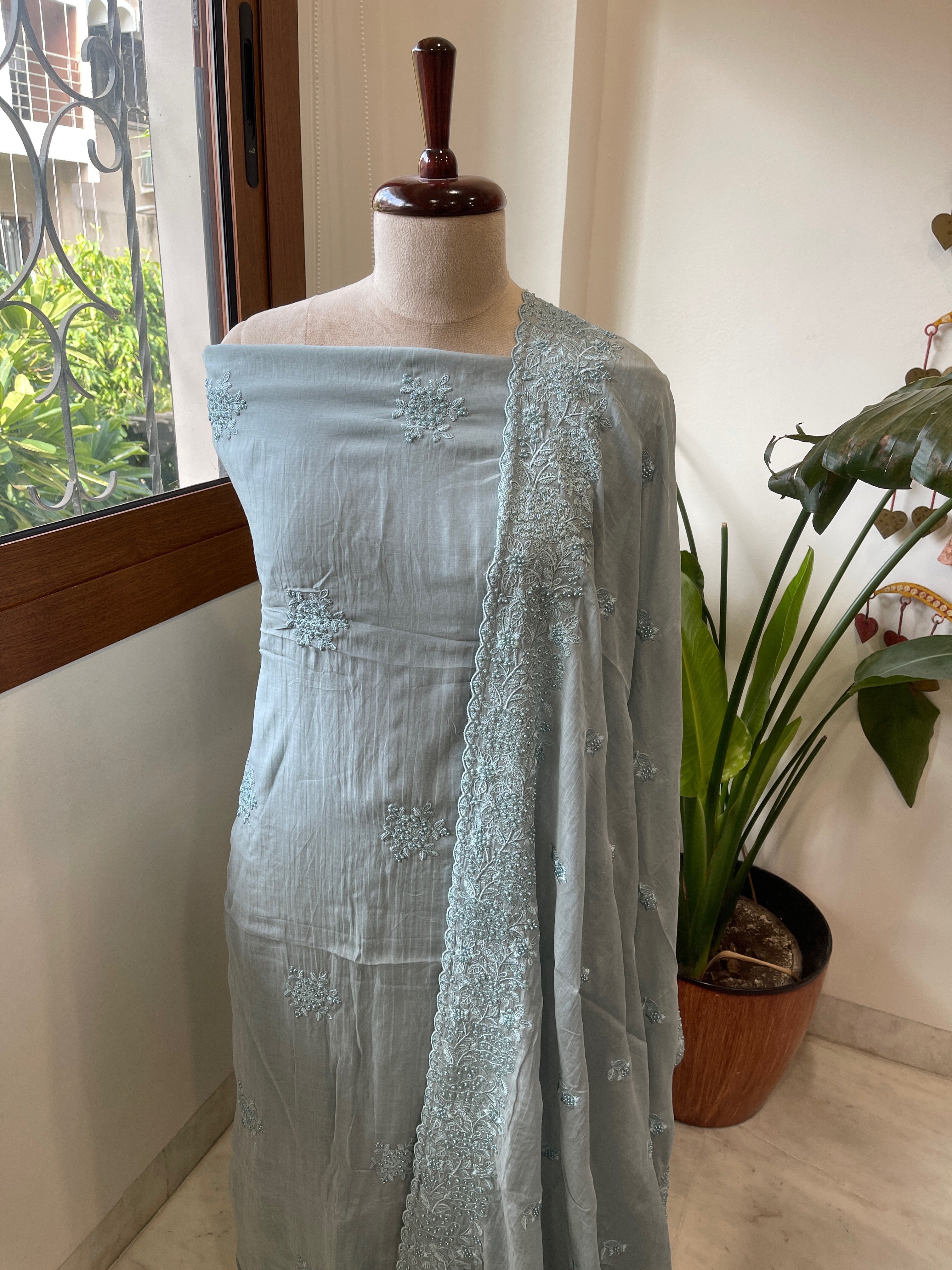 Dusty Blue Suit Set with Pearl and Thread Embroidery in Mul Chanderi - Masakalee