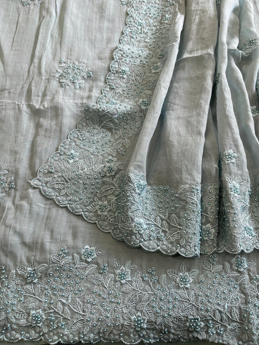 Dusty Blue Suit Set with Pearl and Thread Embroidery in Mul Chanderi - Masakalee